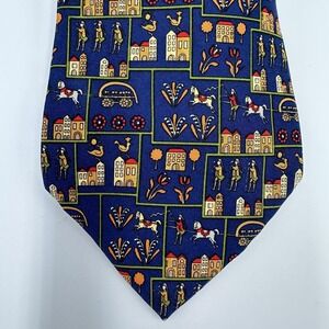 Salvatore Ferragamo Tie Mens Navy Blue Silk Italy Village Horse Print Luxury Art